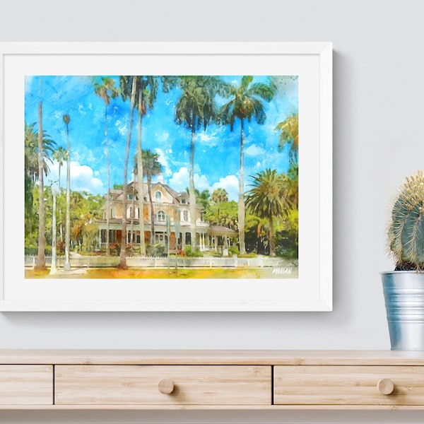 Burroughs Home and Gardens Watercolor Art Prints and Canvas, Historic Home Fort Myers FL, Fort Myers Office Wall Prints, Fort Myer Art Gifts