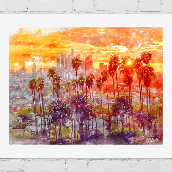 Los Angeles Skyline Art, LA Wall Art Giclee Prints, Downtown LA Office Art, Canvas Home Decor of California, Los Angeles Watercolor Prints