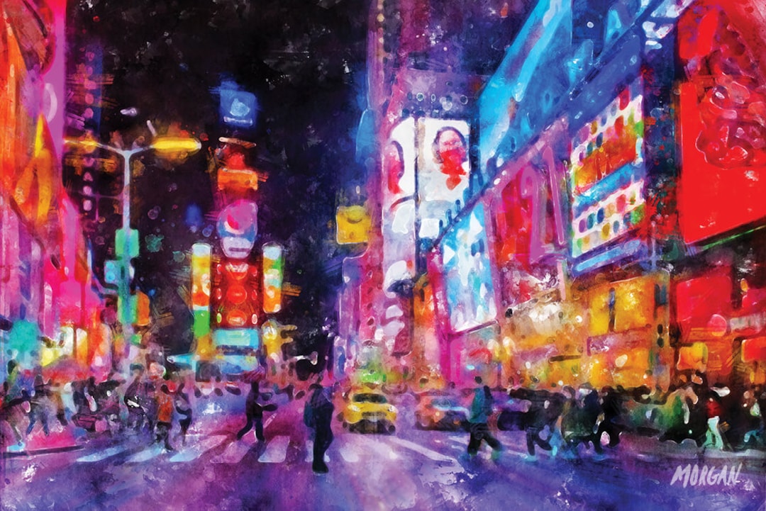 Times Square NY Paintings, New York Framed Wall Art, NYC Watercolor