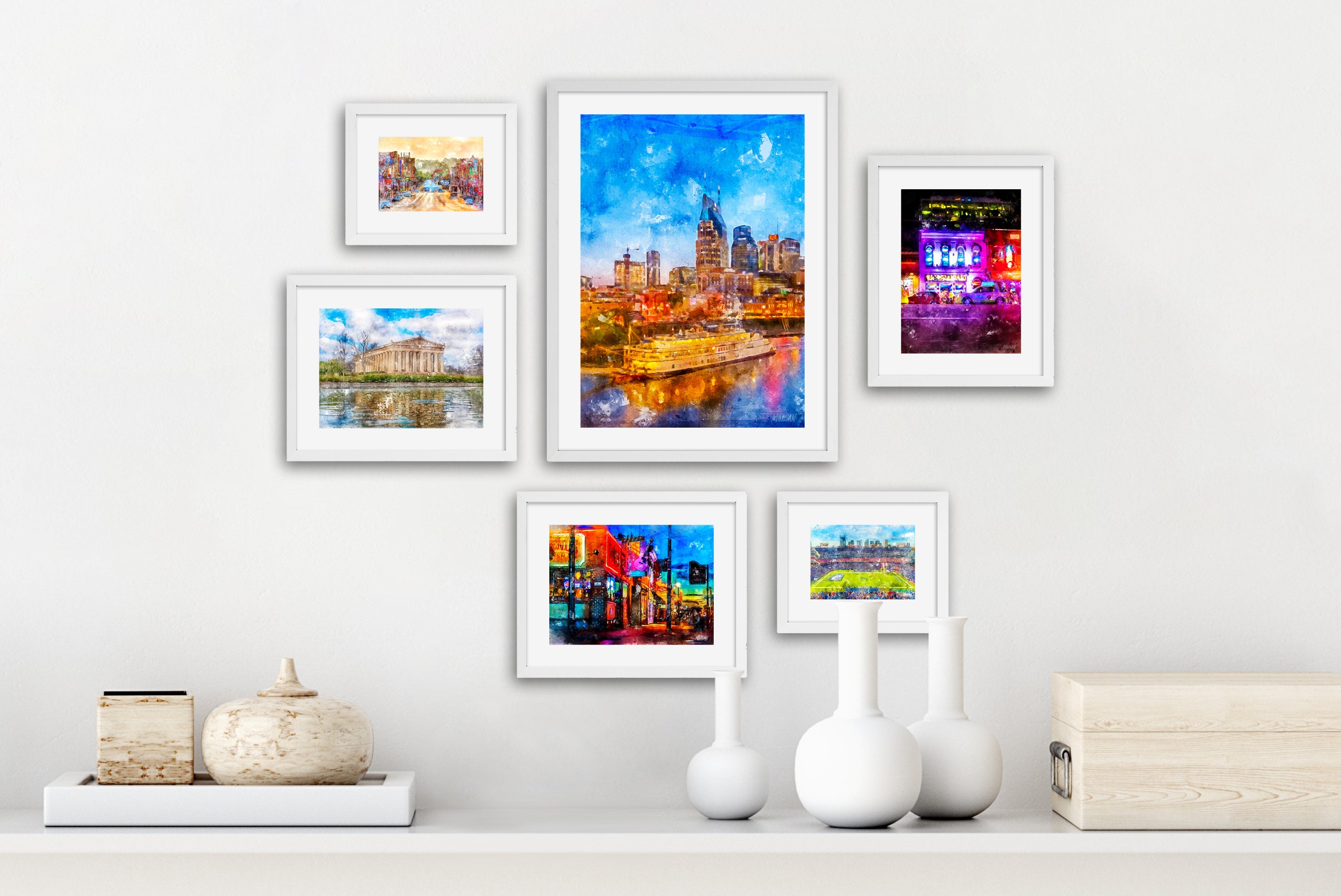 Nashville Wall Art Set of 6, Tennessee Wall Art, Downtown Nashville