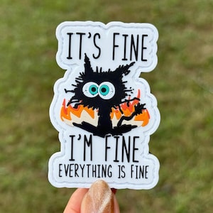 Könnte beinhalten: Ein weißer Aufkleber mit dem Text "IT'S FINE I'M FINE EVERYTHING IS FINE". Der Aufkleber zeigt eine schwarze Katze mit großen türkisfarbenen Augen und Flammen um ihren Körper.