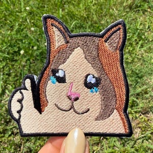 May include: Embroidered patch of a cartoon cat with brown and tan fur, shedding blue tears. The cat is giving a thumbs-up gesture. The patch has a black border, set against a green grassy background.