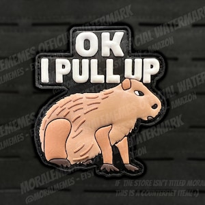 Könnte beinhalten: Ein schwarz-weißes Patch mit einem Capybara und dem Text "OK I PULL UP".