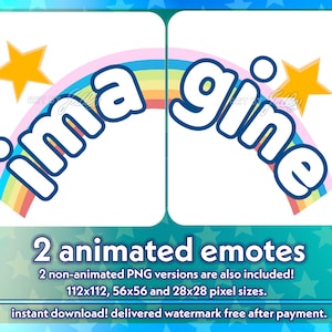 Può includere: Due emoticon animati con un arcobaleno e stelle. Gli emoticon dicono "ima" e "gine" in grassetto, bianco con un contorno blu.