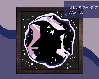 May include: A framed shadow box design featuring a witch silhouette with a cat and stars. The witch is wearing a hat, and the cat has green eyes. The background is black with white stars and the text "SHADOW BOX SVG FILE".