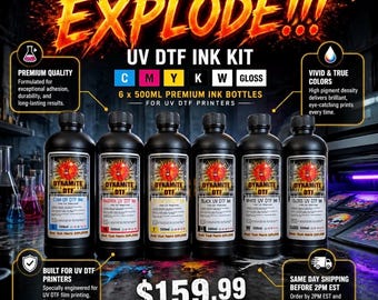Nouveau : Encre UV DTF pour imprimantes à jet d'encre UV, moteurs Epson, (6) - Bouteilles de 500 ml CMJN+W+Gl.