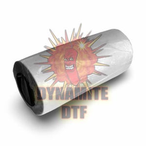 May include: A white roll of wrapping paper with a black end cap. The paper has a cartoon image of a red chili pepper exploding with a yellow and orange background. The text "Dynamite DTF" is printed in yellow on the paper.