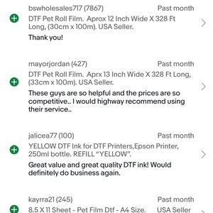 May include: A screenshot of a website showing customer reviews for a DTF printer supply store. The reviews are positive and mention the quality of the products and the helpfulness of the sellers. The reviews are from the past month.