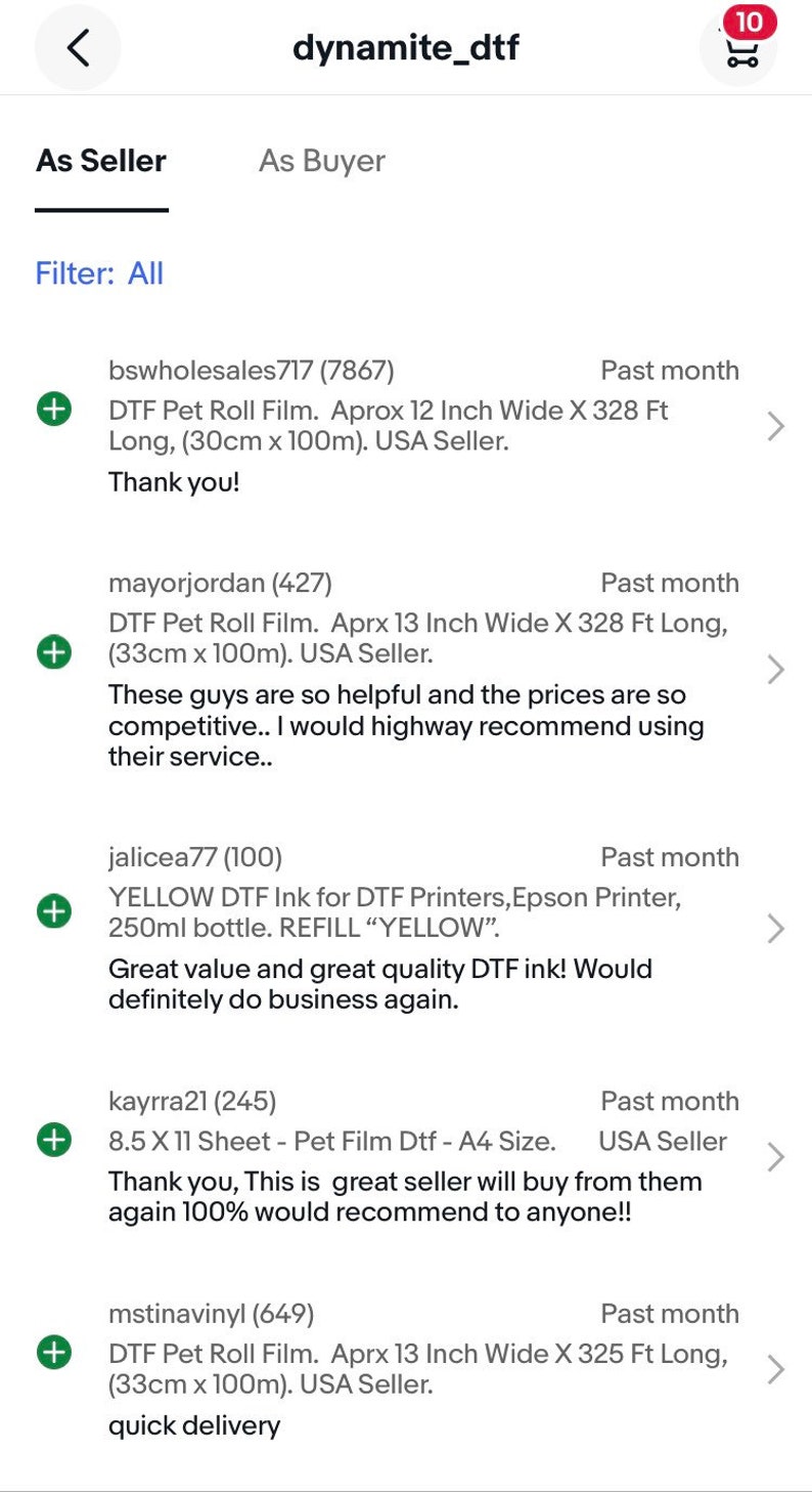 May include: A screenshot of a website showing customer reviews for a DTF printer supply store. The reviews are positive and mention the quality of the products and the helpfulness of the sellers. The reviews are from the past month.