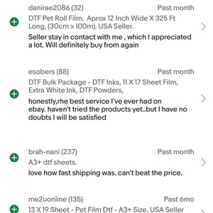 May include: Screenshot of a website with customer reviews for a DTF product. The reviews are positive and mention the product's quality, fast shipping, and good customer service.