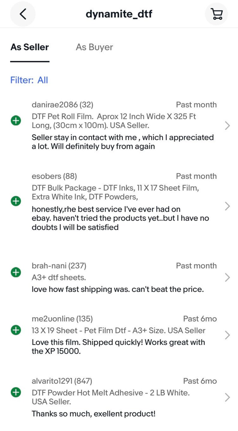 May include: Screenshot of a website with customer reviews for a DTF product. The reviews are positive and mention the product's quality, fast shipping, and good customer service.