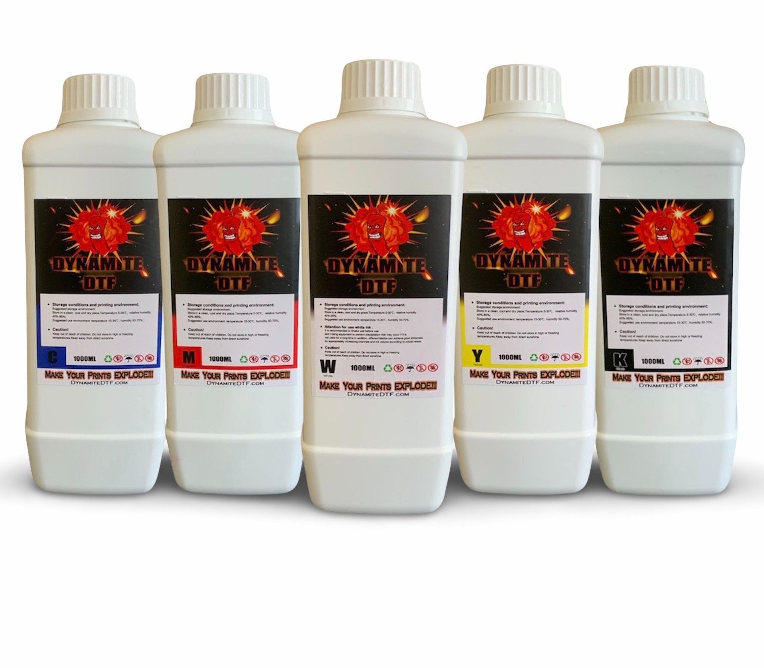 C. M. Y. K. + W.  Dynamite DTF Ink for DTF Printers,Epson Printer, (5)- 1 liter bottles CMYK+W.