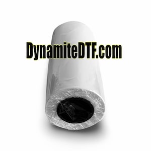 May include: A white roll of heat transfer vinyl wrapped in clear plastic. The roll is labeled with the website DynamiteDTF.com.