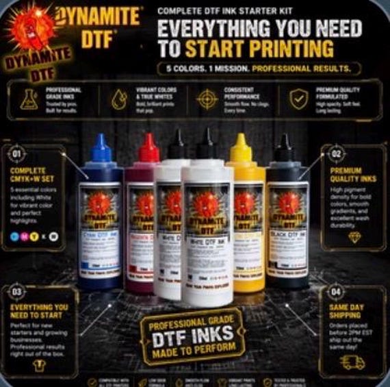 DTF Ink Set 1500ml - CMYK + (2) White Ink Bottles for Epson DTF Printer, Direct to Film Printing Ink, Dtf Supplies with Syringes & Powder
