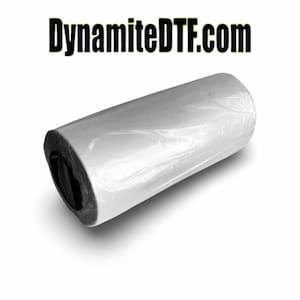 May include: A white roll of heat transfer vinyl, wrapped in clear plastic, with a black label on the end.  DynamiteDTF.com is printed on the label.