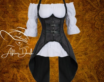 Gothic Victorian Black Winged Corset with White Ruffle Blouse | PU Leather Corset | Black Goth Cosplay Corset Bustier | Pirate Corset