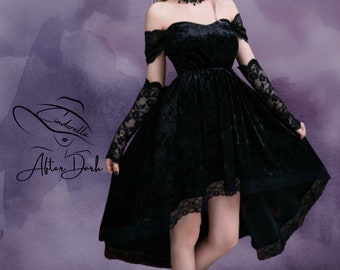 Glamorous Midnight Breeze Off Shoulder Black Velvet Gothic Dress | Contrast Lace Ruffle Hem | Stunning Goth Dress | Womens Goth Wear