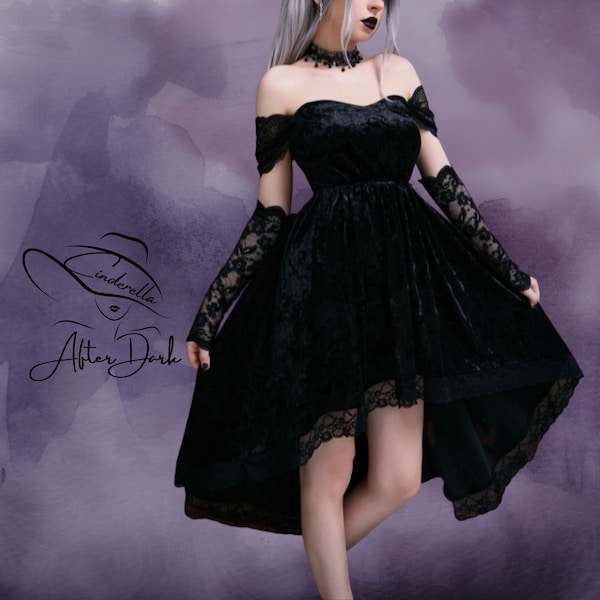 Robe gothique glamour en velours noir à épaules dénudées Midnight Breeze | Ourlet à volants en dentelle contrastante | Superbe robe gothique | Vêtements gothiques pour femmes