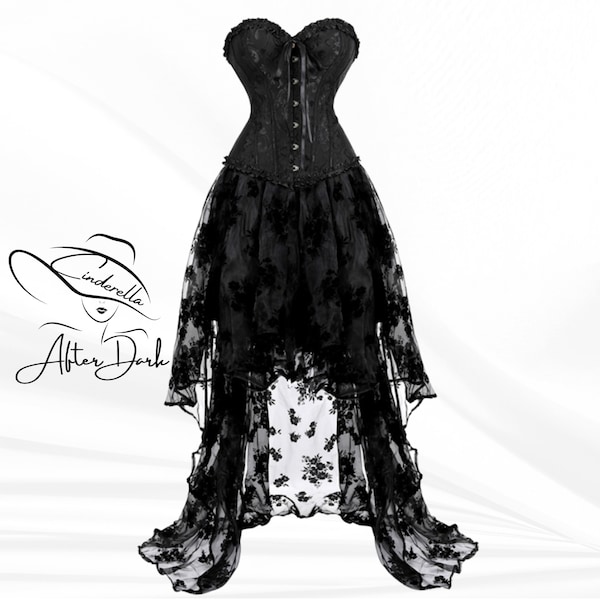 Black Mid-Victorian Dorian Gothic Corset Dress | Goth Corset | Black Lace Gothic Skirt | 2 Piece Womens Goth Corset Cosplay Dress