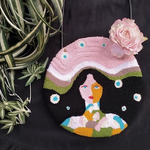 Punch Needle Embroidered Handmade Shoulder Bag with Leather Strap