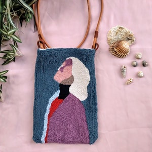 Punch Needle Embroidered Handmade Crossbody Bag with Leather Strap
