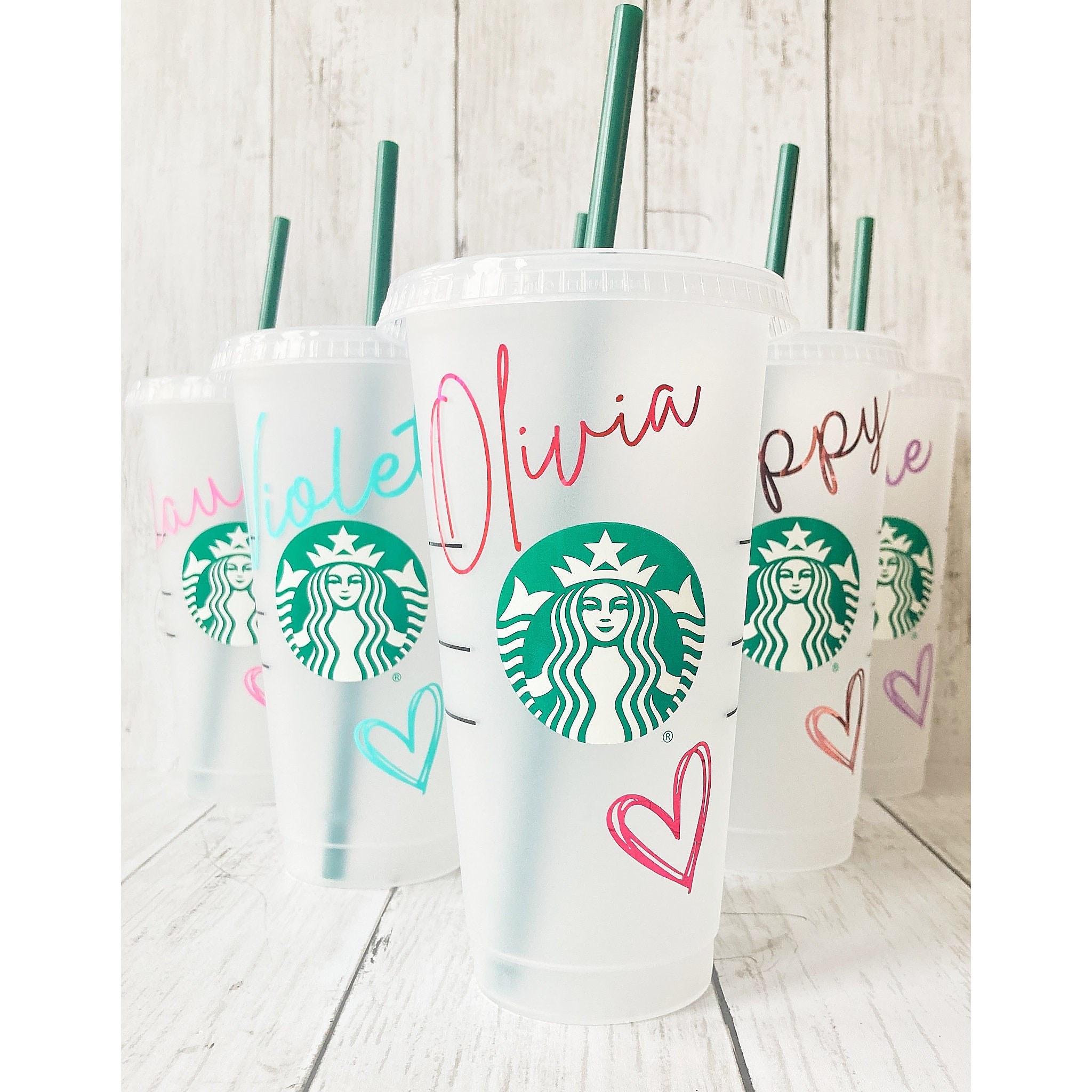 Personalised starbucks cold cup with green straw. - Depop