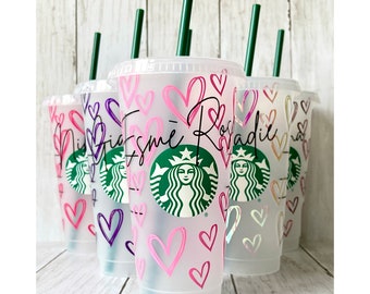 Custom Starbucks Hand Drawn Hearts Venti Cold Cup | 60+ colours |  Holographic | Glitter | Metallic | Valentines Day Gift | Love |