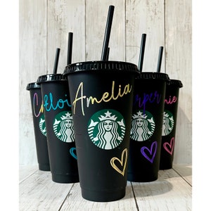 Custom Black Starbucks Personalised Name with Hearts Heart Venti Cold Cup | 54 colours |  Holographic | Glitter | Metallic | Love |