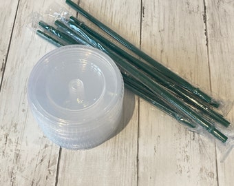 Replacement Hard Plastic Clear Lids and Green Straws for 24oz Venti Starbucks Cold Cups
