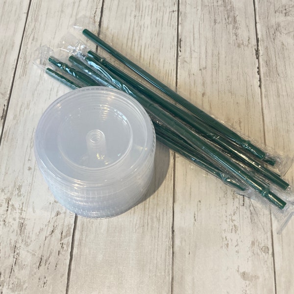 Replacement Hard Plastic Clear Lids and Green Straws for 24oz Venti Starbucks Cold Cups