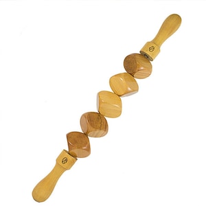 May include: Wooden massage roller with a handle and five connected, rounded, wooden blocks. The blocks are a light brown color and have a natural wood grain.