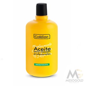 May include: Yellow plastic bottle of Goldine Pro massage oil with the text "Mantenimiento Aceite para masajes profesionales y depilales" and "Aromaterapia".