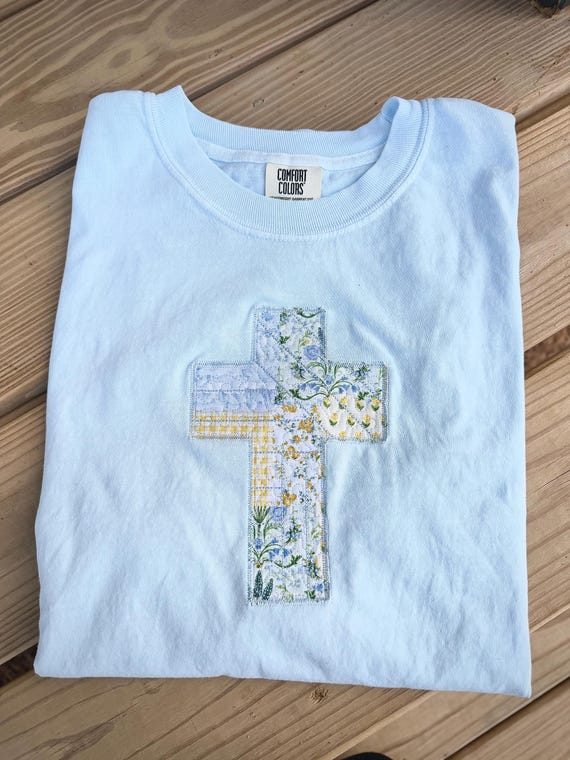Patchwork Cross T-shirt, Quilted Sweatshirt, Vintage Look Clothing, Unique Cross Clothes