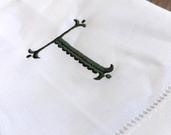 Scalloped Monogram Linen Hand Towel, Tea Towel, Embroidered Initial, Holiday Decor, Personalized Gift