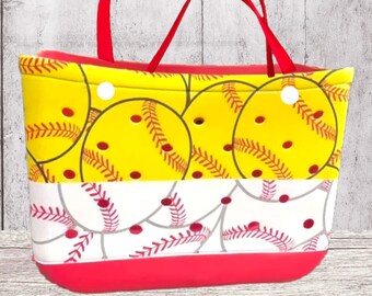 Half Softball Half Baseball XL Tote Bag with Red Lining and Red Straps