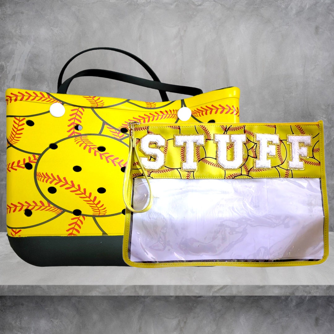 XL Softball Tote Bag & Clear Softball STUFF Pouch With Wristlet Combo