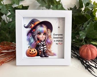 Halloween Cute Witch Sign, Framed Sign With Halloween Saying, Halloween Shelf And Wall Decor