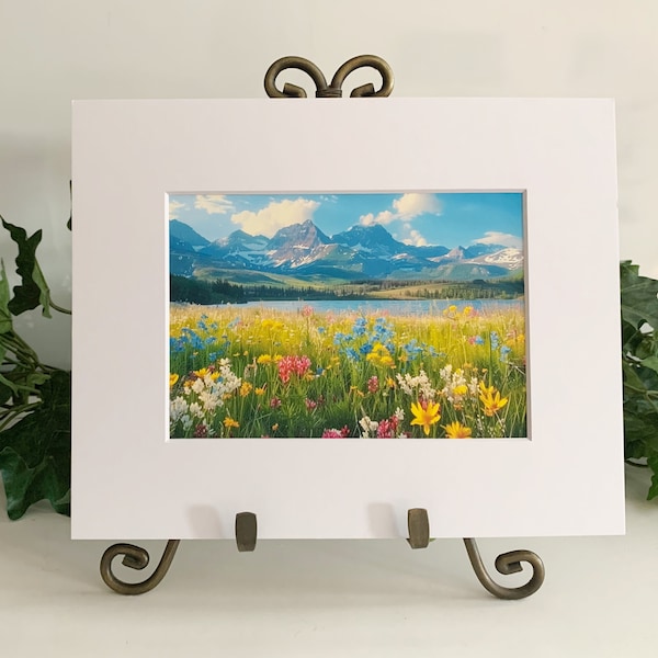 Digital Artwork of Beautiful Field of Colorful Flowers, Majestic Mountain Range overlooking a Still Peaceful Lake, Matted Artwork, 008