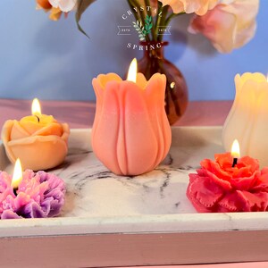 Pode incluir: Uma cole&ccedil;&atilde;o de velas em forma de flor em v&aacute;rias cores, incluindo rosa, laranja e roxo, exibidas em uma bandeja de m&aacute;rmore. Cada vela tem um pavio aceso, criando um brilho quente. As velas s&atilde;o em forma de rosa, tulipa e outros desenhos florais.