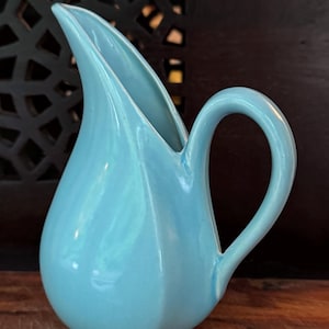 Vintage Aqua Blue Ceramic Pitcher Vase, Mid Century Biomorphic Pottery, Signed Studio Art Vase