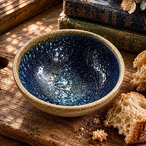 May include: A ceramic bowl with a speckled blue interior and a tan rim sits on a wooden surface. The bowl is next to slices of bread and a stack of antique books. The bowl's interior has a textured, glossy finish.