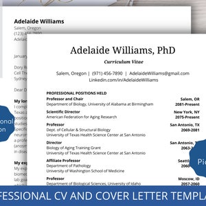 Pode incluir: Um modelo de currículo profissional para Adelaide Williams, PhD. O modelo inclui uma seção de cargos profissionais ocupados com detalhes sobre seu histórico profissional e locais. O modelo também inclui informações de contato e um link para seu perfil do LinkedIn.