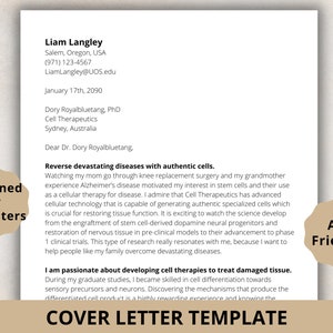 May include: A cover letter template designed by Recruiters. The template is for a job application in the field of cell therapy. The cover letter includes a professional salutation, a brief introduction, and a description of the applicant's experience and skills. The template also includes a call to action.