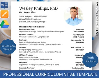 Professional Curriculum Vitae Template For Job Application Picture CV Edit in Word Pages or Docs | Science CV Professor CV Template Word
