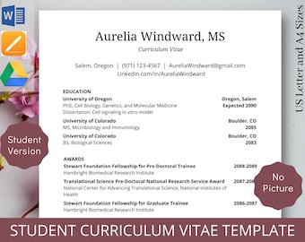 Student Curriculum Vitae Template Simple CV Template for Job Application Template Recruiter Academic CV Research CV Science cv Graduate cv