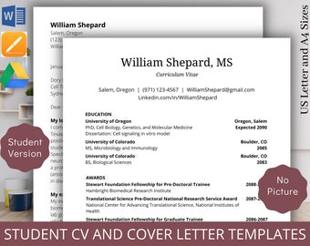 Student Curriculum Vitae Template & Professional Cover Letter Template for Job Application Template Recruitment Academic CV Template Word