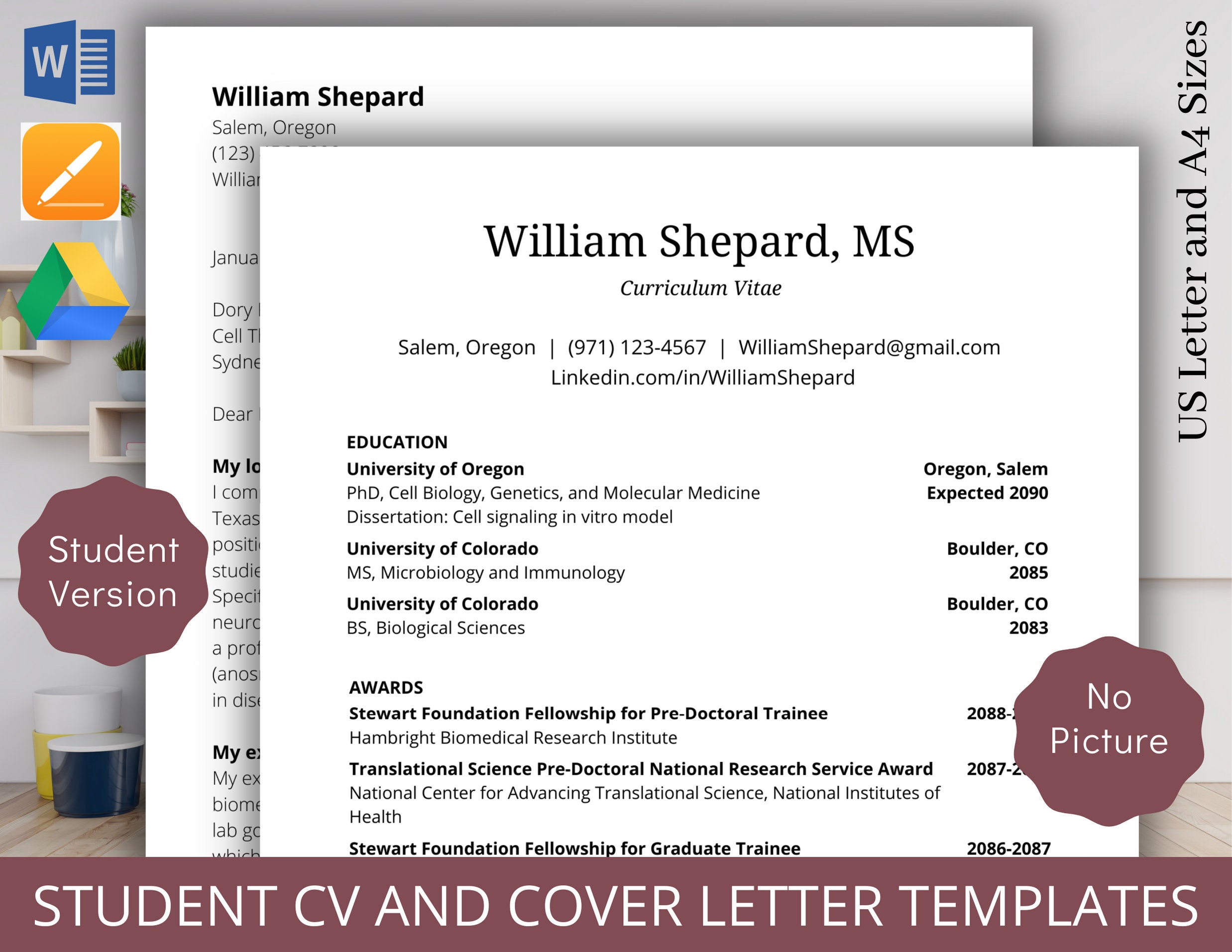 Student Curriculum Vitae Template & Professional Cover Letter Template