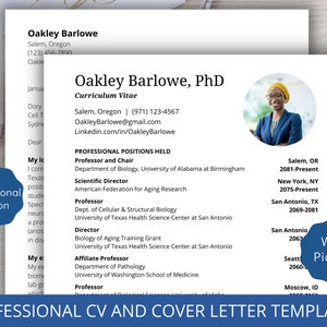 Pode incluir: Um modelo de currículo profissional em preto e branco com uma foto de uma mulher usando um blazer azul. O currículo inclui o título "Curriculum Vitae" e lista as posições profissionais ocupadas, incluindo Professor e Presidente, Diretor Científico e Professor Adjunto.