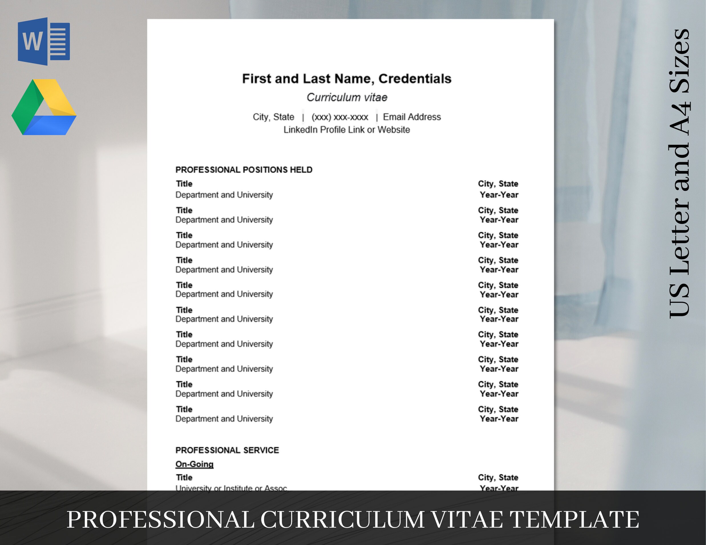 Professional Curriculum Vitae Template Academic Cv Template Etsy
