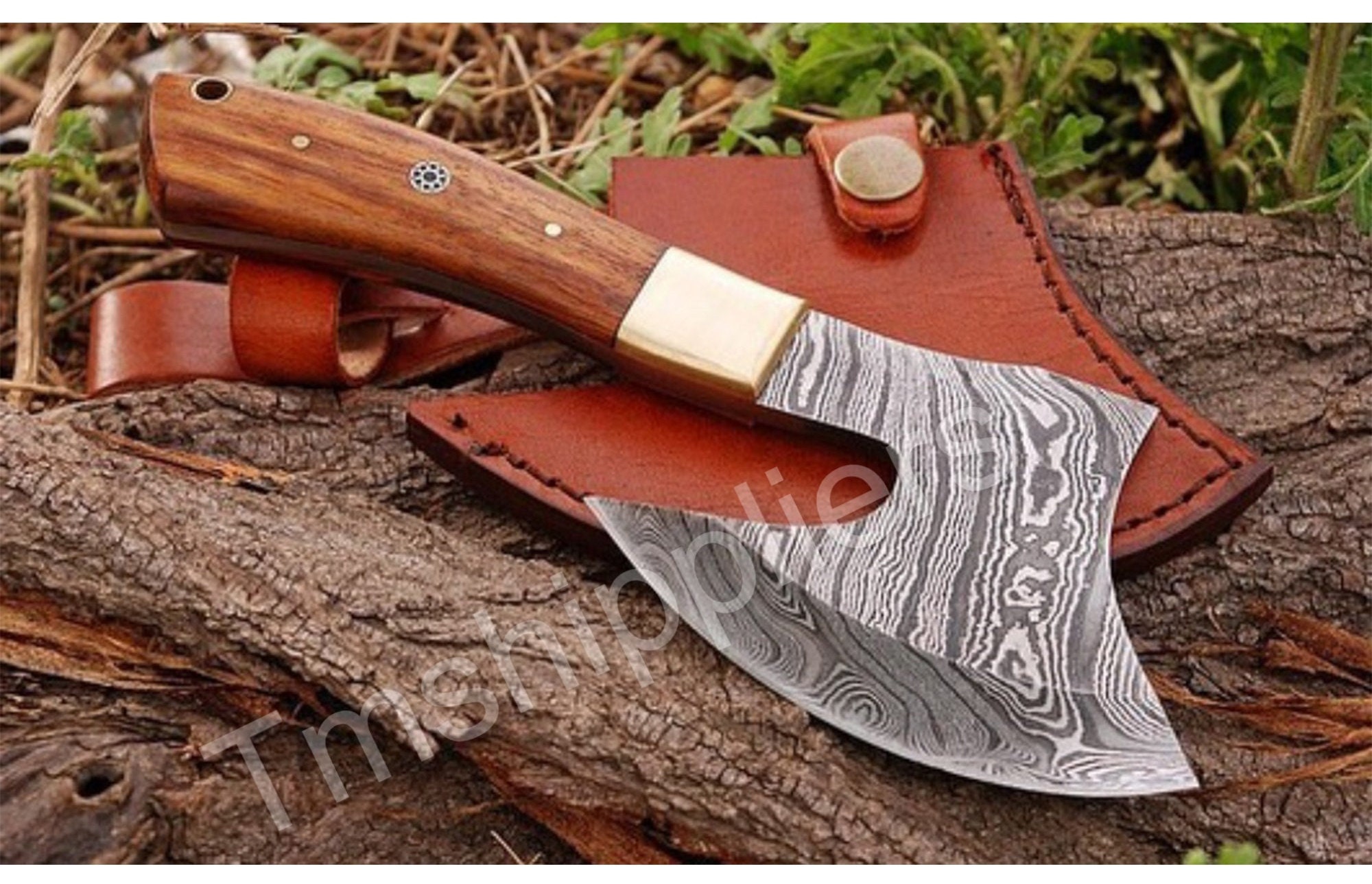 10.5 Hand Forged Damascus Steel Butcher Knife, Meat Cleaver, Wood Scale,  Cow Hide Leather Sheath with Belt Loop